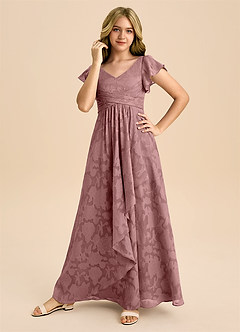 Azazie Omari Junior Vestido de Rosa Polvorienta de Devorado Floral de Corte en A con Plisado image5