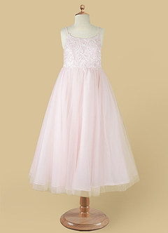 Azazie Buttercup Robe Demoiselle D'honneur Fillette Robe Trapèze en Tulle Dentelle Ivoire Rose Rougissant image10