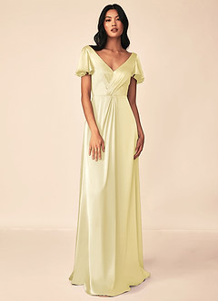 Azazie Soren 신부 들러리 드레스 A라인 주름진 스트레치 새틴 바닥 길이 드레스 image1