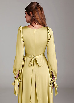 Azazie Leonia Bridesmaid Dresses Lemon Sorbet A-Line Long Sleeve Stretch Satin Dress image7