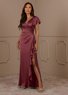 Azazie Roya vestidos de madre de la novia Vestido de Merlot de Satén Elástico de Sirena con Cuello en V Plisado image1