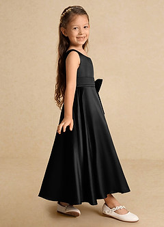 Azazie Lindy vestidos de niña de las flores Vestido de Negro de Satin Mate de Corte En A con Plisado image5