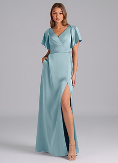 Azazie Ambrosia Robes de demoiselle d'honneur Robe Trapèze en Satin extensible Plissée Bleu Maussade image6