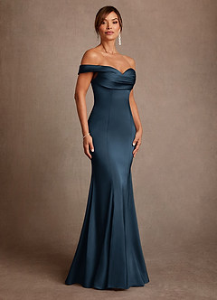 Azazie Boone Final Sale Dark Navy Mermaid Off the Shoulder Stretch Satin Dress image1