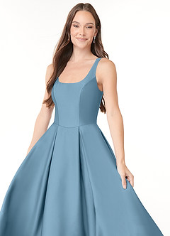 Azazie Neve Jurken voor bruidsmeisjes Jurk van Stretch Satijn met Baljurk met Zakken Staal Blauw image5