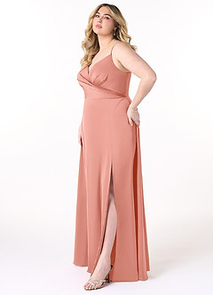 Azazie Dalilah Bridesmaid Dresses Coral A-Line V-Neck Pleated Stretch Satin Dress image8