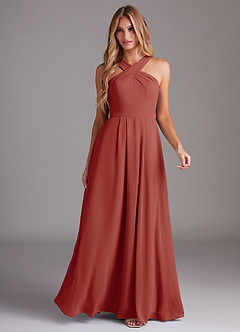 Azazie Dixie Abiti da Damigella Abito A-Line in Chiffon con Scollo Halter a Pieghe Terracotta image3