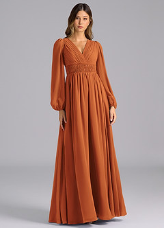 Azazie Palerma Robes de demoiselle d'honneur Robe Trapèze en Mousseline de soie Manche longue Cannelle image1