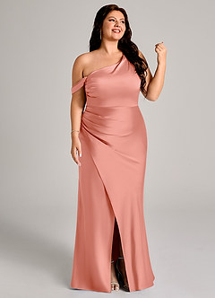 Azazie Madelyn Bridesmaid Dresses Coral Mermaid One Shoulder Stretch Satin Convertible Dress image13