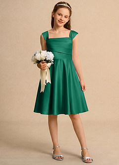Azazie Budle Girls Formal Flower Girl Dresses Emerald A-Line Pleated Matte Satin Dress image1