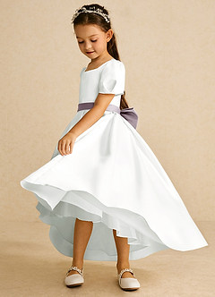 Azazie Zippy Flower Girl Dresses Ivory Dusk A-Line with Sleeves Matte Satin Dress image4