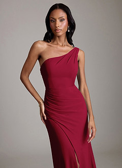 Azazie Madelyn Bridesmaid Dresses Burgundy Mermaid One Shoulder Chiffon Convertible Dress image8