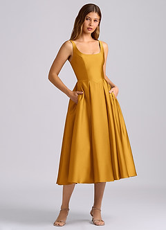 Azazie Amalie Bridesmaid Dresses Butterscotch A-Line Pleated Stretch Satin Dress image3