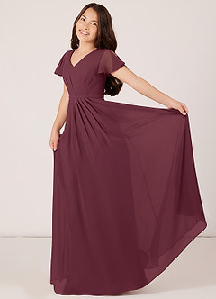 Azazie Peony Junior Cabernet A-Line Pleated Chiffon Dress image4