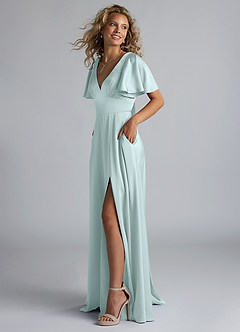 Azazie Kimber Bridesmaid Dresses Sea Glass A-Line Ruched Stretch Satin Dress image6