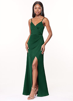 Azazie Maci Bridesmaid Dresses Dark Green A-Line V-Neck Pleated Stretch Satin Dress image3