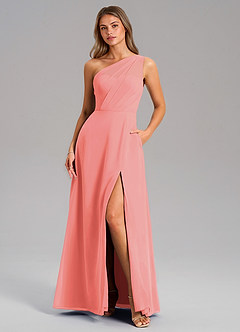 Azazie Phaedra Bridesmaid Dresses Coral A-Line One Shoulder Chiffon Dress image3
