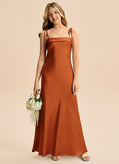 Azazie Willa Junior Vestido de Canela de Satén Elástico de Corte en A con Lazo image4