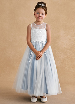 Azazie Bitsy Flower Girl Dresses Ivory Steel Blue A-Line Lace Tulle Dress image4