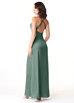 Azazie Geanna Bridesmaid Dresses Eucalyptus Sheath V-Neck Pleated Stretch Satin Dress image4