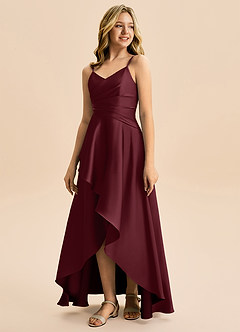 Azazie Eirlys Junior Cabernet A-Line Pleated Stretch Satin Dress image5