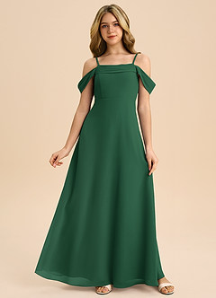 Azazie Anselie Junior Dark Green A-Line Off the Shoulder Chiffon Dress image1