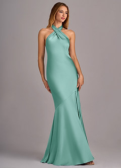 Azazie Lorena Bridesmaid Dresses Aqua Mermaid Pleated Stretch Satin Dress image3