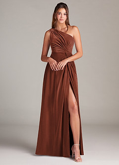 Azazie Brooke Robes de demoiselle d'honneur Robe Trapèze en velours Ue épaule Terracotta image4