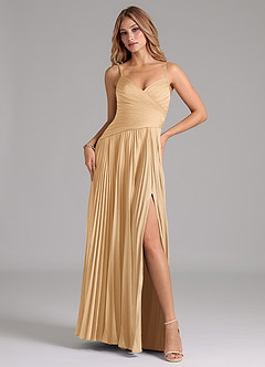 Azazie Vini Brautjungfernkleider A-Linie Plissee Stretch-Satin Kleid Gold image1