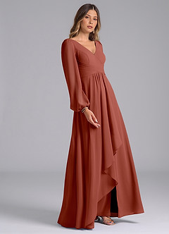 Azazie Liah Bridesmaid Dresses Auburn A-Line Long Sleeve Chiffon Dress image5
