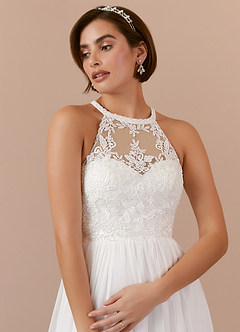 Azazie Annalise Wedding Dresses Diamond White Nude A-Line Lace Crinkle Chiffon Dress image4