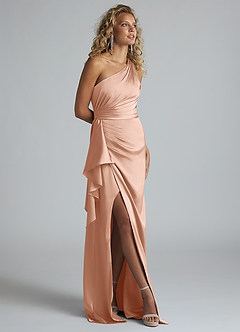 Azazie Maive Bridesmaid Dresses Rose Gold Sheath Ruched Stretch Satin Dress image2
