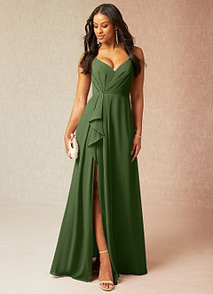 Azazie Kyedae Bridesmaid Dresses Olive A-Line V-Neck Pleated Chiffon Dress image1