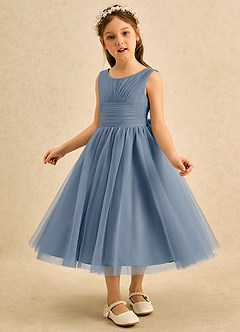 Azazie Macaron Jurken voor bloemenmeisjes A-Lijn Jurk van Tule Geplooid Schemering image4