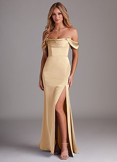 Azazie Saige Bridesmaid Dresses Champagne Sheath Off the Shoulder Stretch Satin Dress image1