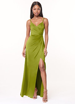 Azazie Maci Bridesmaid Dresses Lemongrass A-Line V-Neck Pleated Stretch Satin Dress image1