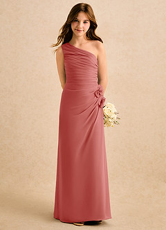 Azazie Sophie Girls Formal Robe Demoiselle D'honneur Fillette Robe Fourreau en Mousseline de soie Une épaule Antique Rose image5