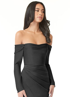 Azazie Hallie Bridesmaid Dresses Black Sheath Off-The-Shoulder Long Sleeve Stretch Satin Convertible Dress image1