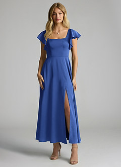 Azazie Bondi Bridesmaid Dresses Royal Blue A-Line Ruched Stretch Satin Dress image4