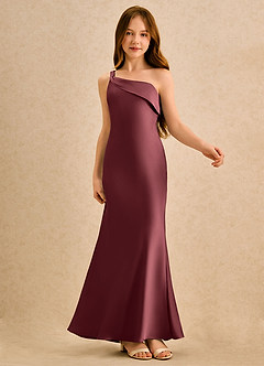 Azazie Almond Girls Formal Robe Demoiselle D'honneur Fillette Robe Fourreau en Satin extensible Une épaule Merlot image6