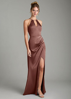 Azazie Aidyn Bridesmaid Dresses Espresso Sheath Pleated Stretch Satin Dress image3
