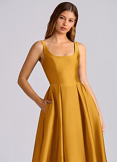 Azazie Amalie Bridesmaid Dresses Butterscotch A-Line Pleated Stretch Satin Dress image2