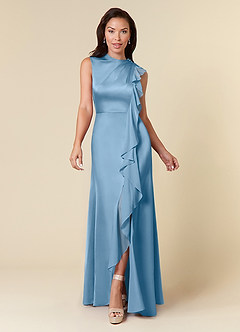 Azazie Narine Kleider für die Brautmutter A-Linie Hoher Ausschnitt Plissee Stretch-Satin Kleid Stahlblau image3