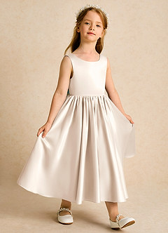 Azazie Doodlebug Blumenmädchenkleider A-Linie Schleifen Matte Satin Kleid Alabaster Weiß image2