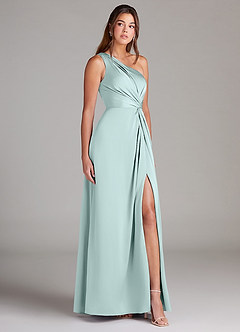Azazie Brooke Bridesmaid Dresses Sea Glass A-Line One Shoulder Stretch Satin Dress image4