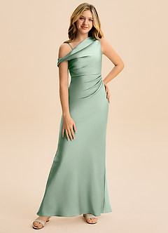 Azazie Emerson Junior Agave Sheath Off the Shoulder Stretch Satin Dress image1