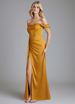 Azazie Amyra Bridesmaid Dresses Butterscotch Mermaid Off the Shoulder Stretch Satin Convertible Dress image6