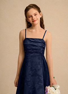 Azazie Pebbles Junior Formal Flower Girl Dresses Dark Navy A-Line Pleated Floral Burnout Dress image2