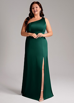 Azazie Phaedra Bridesmaid Dresses Emerald A-Line One Shoulder Stretch Satin Dress image13