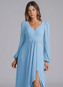 Azazie Liah Bridesmaid Dresses Powder Blue A-Line Long Sleeve Chiffon Dress image7
